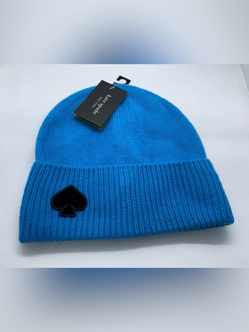 kate spade Bright Blue Ribbed Knit Beanie with Black Spade Patch